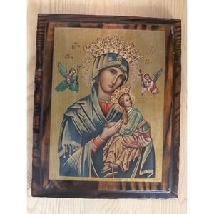 VTG Our Lady of Perpetual Help Virgin Mary Religious Picture Print Wood Placard